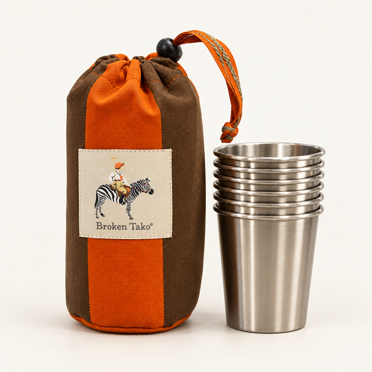 Set de 6 Vasos con Funda de Rayas – Naranja y Marrón
