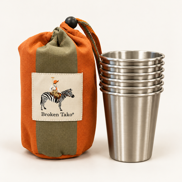 Set de 6 Vasos con Funda de Rayas – Caqui y Naranja