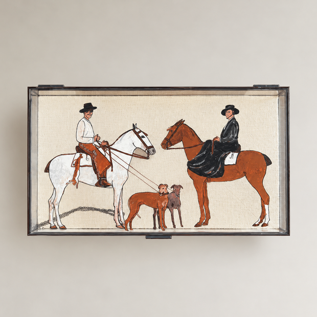 CAJA JOYERO DE CRISTAL CON PERFILES DE METAL, "ESCENA TRADICIONAL GALGOS"
