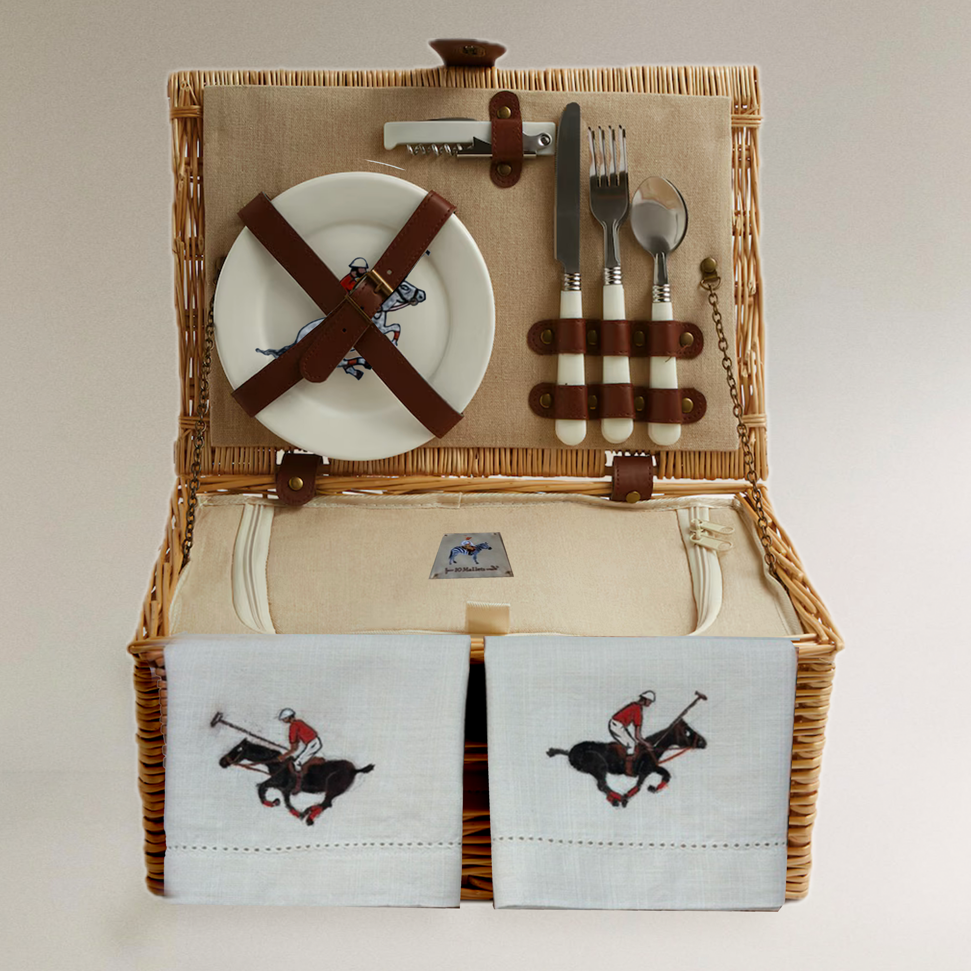CESTA DE PICNIC PARA 2 - CON PLATOS Y SERVILLETAS PINTADAS A MANO
