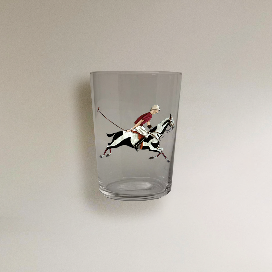 VASO DE SIDRA  - POLISTA CON EQUIPACIÓN ROJA, CABALLO CHIMICHURRI